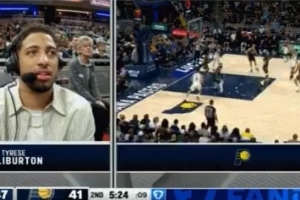 場(chǎng)邊哈利伯頓都無(wú)奈了！庫(kù)里三分彈進(jìn)&急停跳投連拿5分